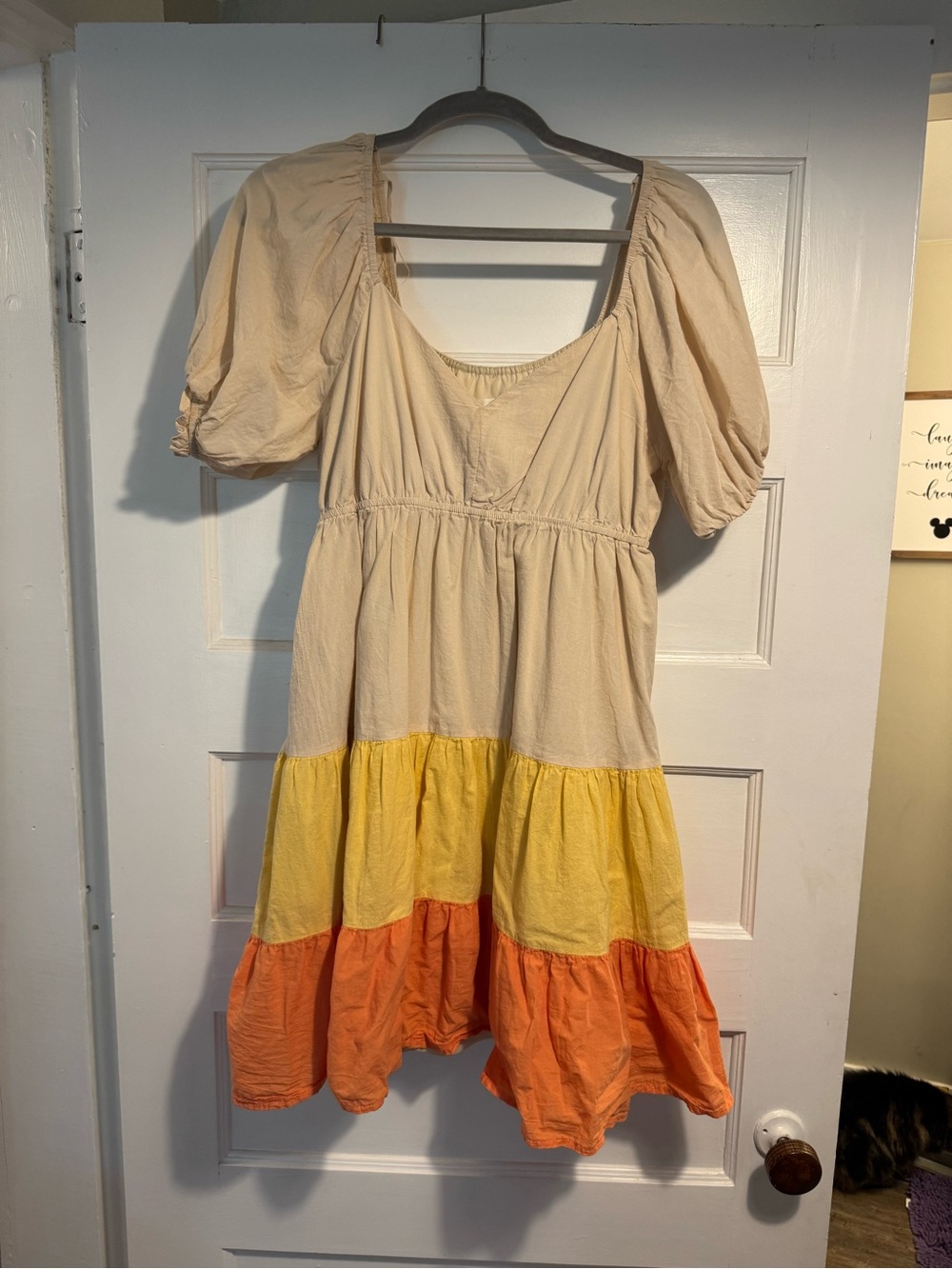 Tiered Candy Corn Puff-Sleeve Mini Dress in Cream, Yellow & Orange